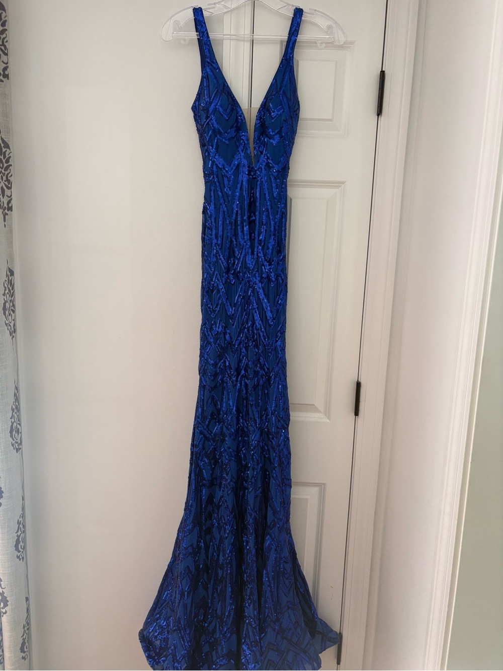 Jovani Cobalt Blue Beaded Plunging V-Neck Evening Gown